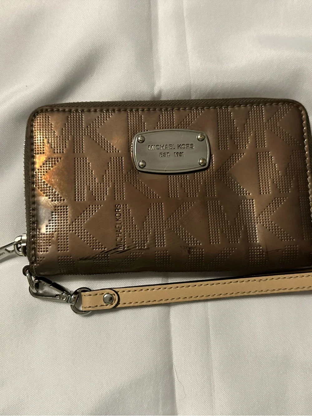Michael Kors Bronze Metallic Wristlet with Tan Strap